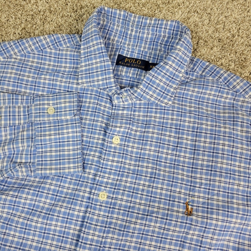 Polo Ralph Lauren Mens 2XL Blue Plaid Flesh Pony Button Up Long Sleeve